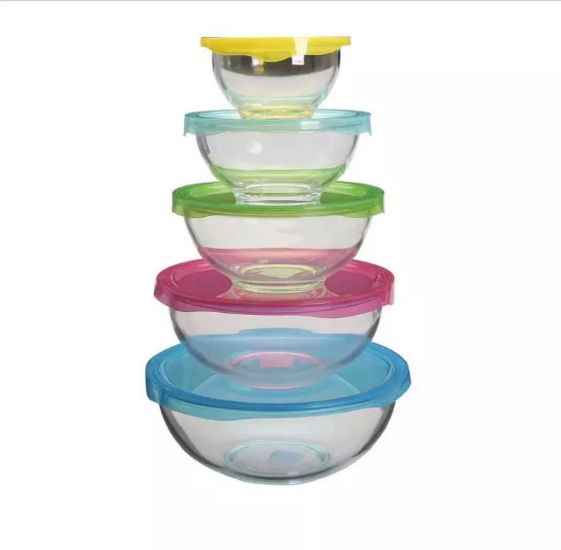 High borosilicate glass salad bowl with colorful PP lid