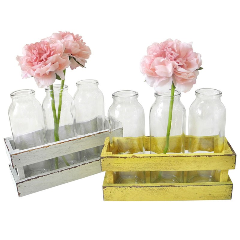 Small Glass Vases in Wood Rack Stand Window-Sill Display