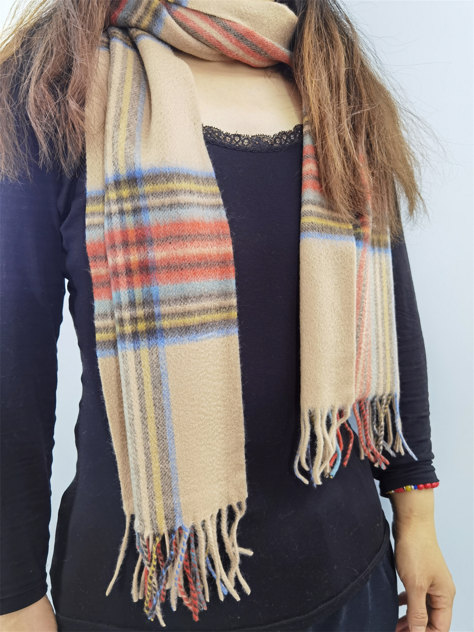 Cashmere camel check winter scarf